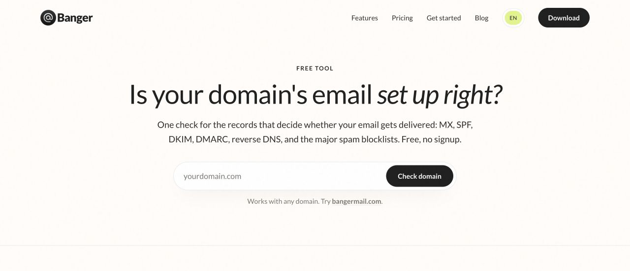 Banger’s email domain checker for MX, SPF, DKIM, DMARC, reverse DNS, and spam blocklists