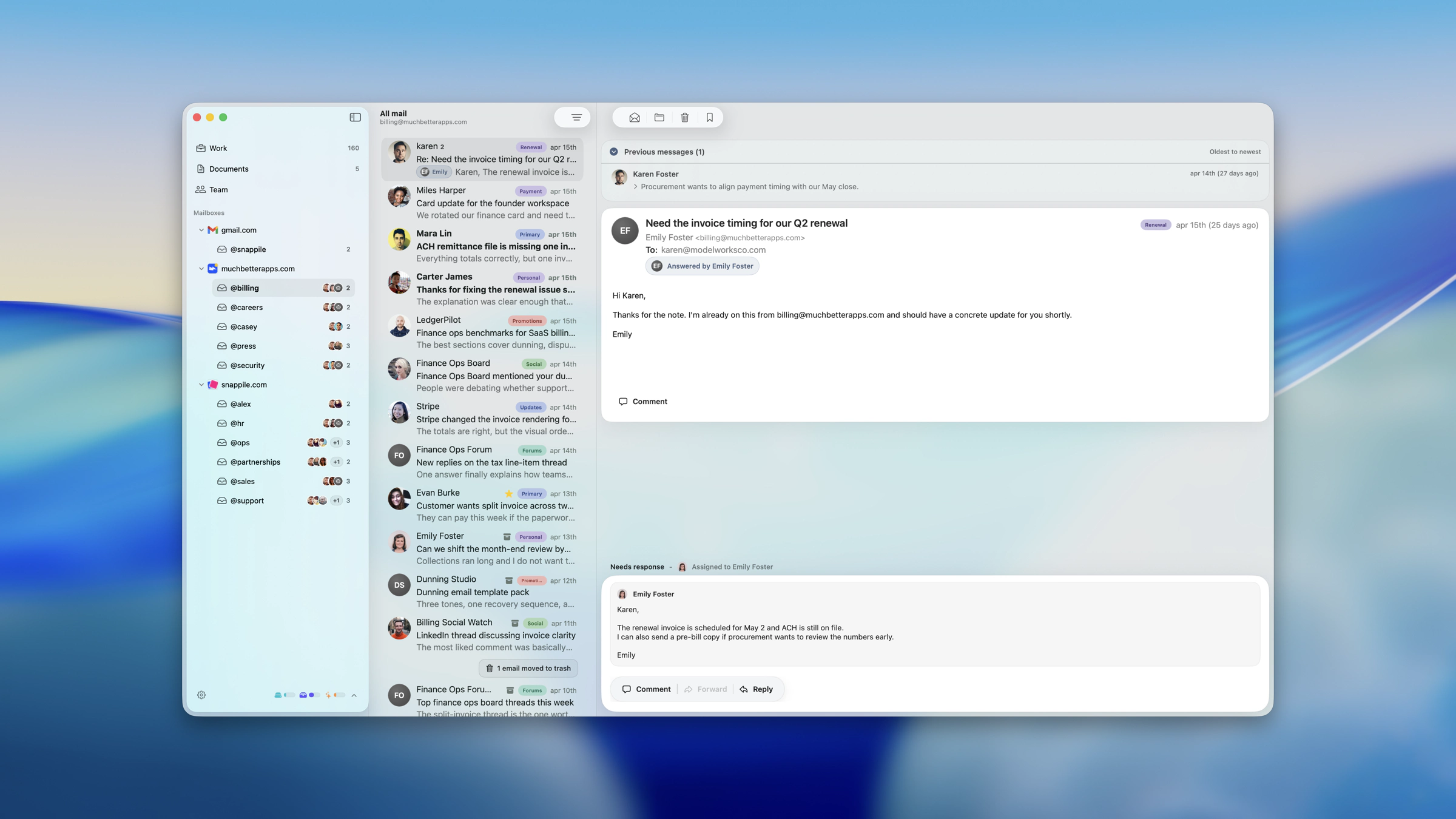 Banger Mail desktop app shown on a blue desktop background