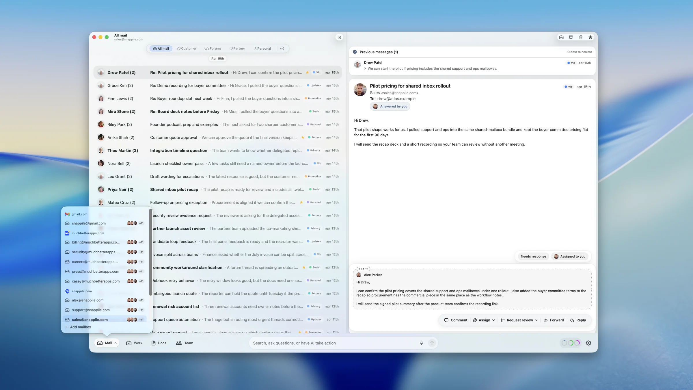Banger Mail desktop app showing a shared inbox and reply composer