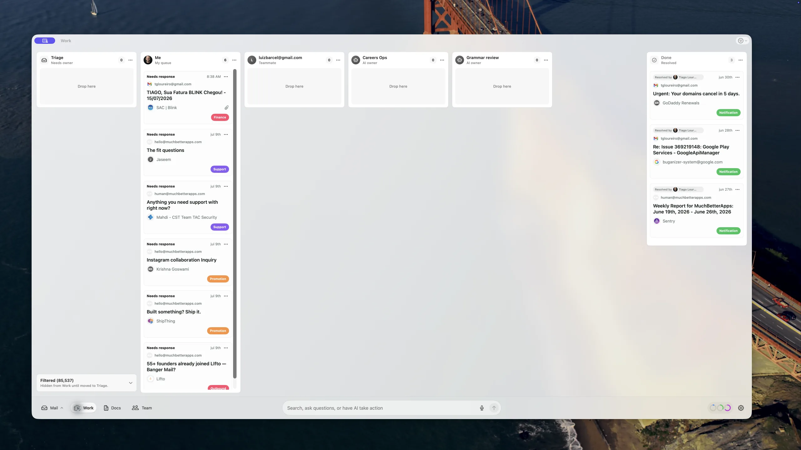 Live Banger Work board on macOS with triage, team, and resolved lanes.