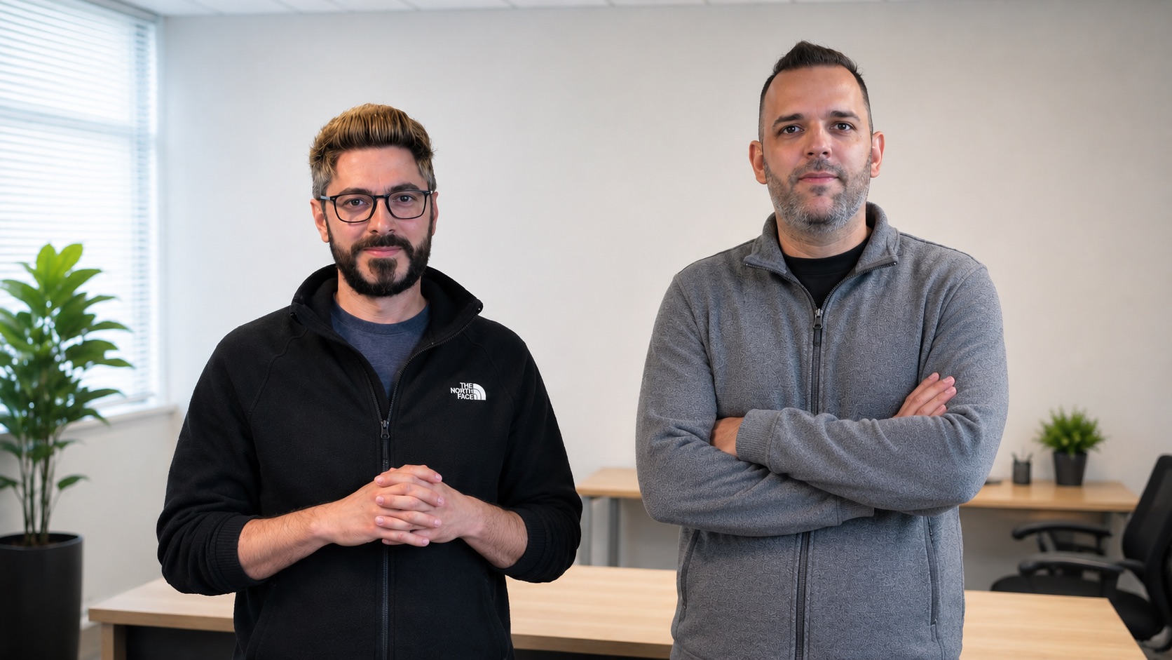 Tiago Loureiro and Luiz Gualberto, founders of Banger Mail, standing in an office.